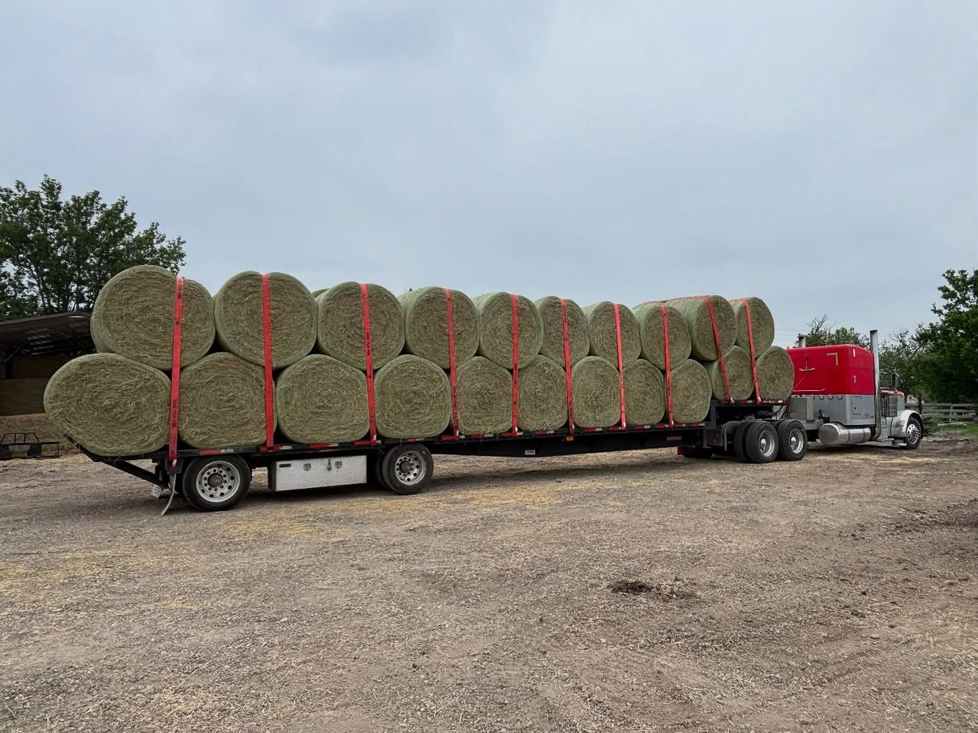 Flatbed truck loaded with round hay bales