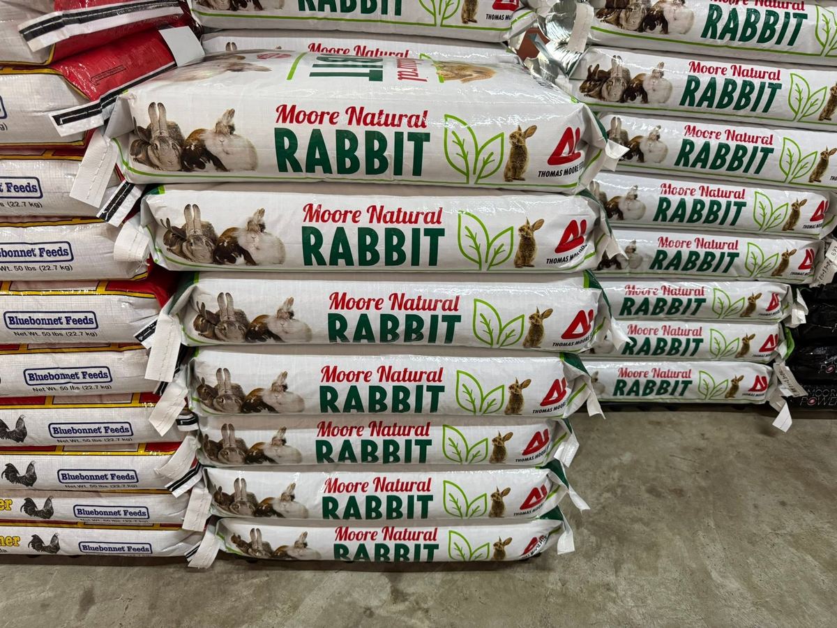 Stack of Moore Natural Rabbit feed bags